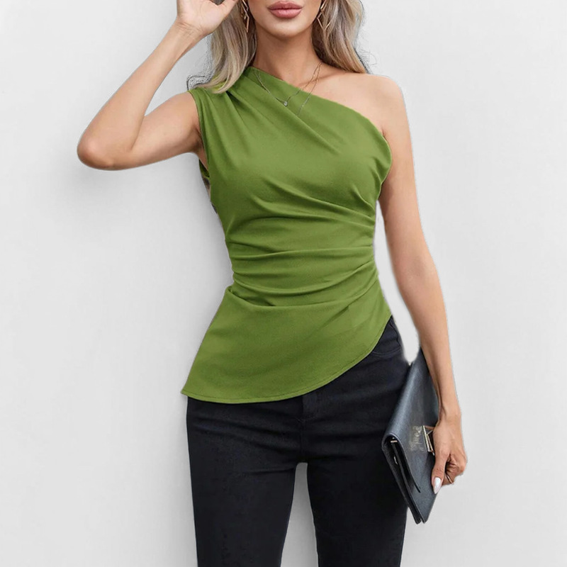 Transfronterizo 2025 primavera nuevo temperamento elegante chaleco inclinado sexy plisado delgado delgado e irregular top mujer image 8