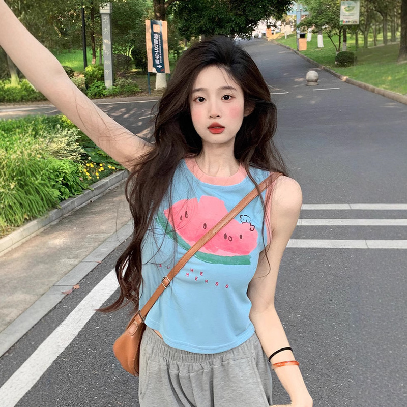 Cute Dopamine Cartoon Print Camisole for Women, Summer 2025 New Style, Slim Fit, Short Sleeveless Top for Outerwear