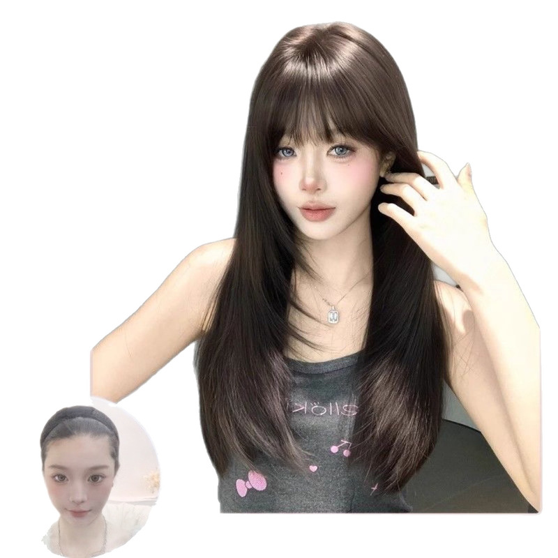 假发女高层次齐刘海长直发黑茶色全头套厂家直销|undefined