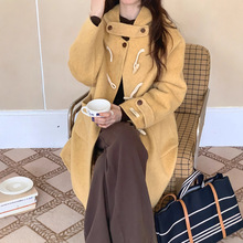 复古牛角扣羊毛连帽双面呢外套女秋冬新款韩系高级感百搭毛呢大衣