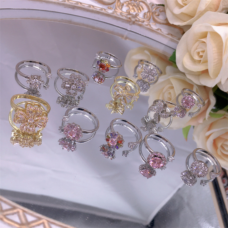Anxiety Ring, Open Rings Classification Copper Plating Inlay Rabbit Four Leaf Clover Flower Zircon Copper Rings