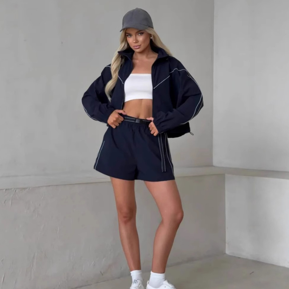 Women's Solid Color Long Sleeved Zip Up Cardigan Elasticated Shorts Two Piece Set Casual Summer Outfit_voghion.com