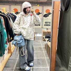 复古美式慵懒chic港味碎花卫衣外套男女早秋新款oversize连帽开衫