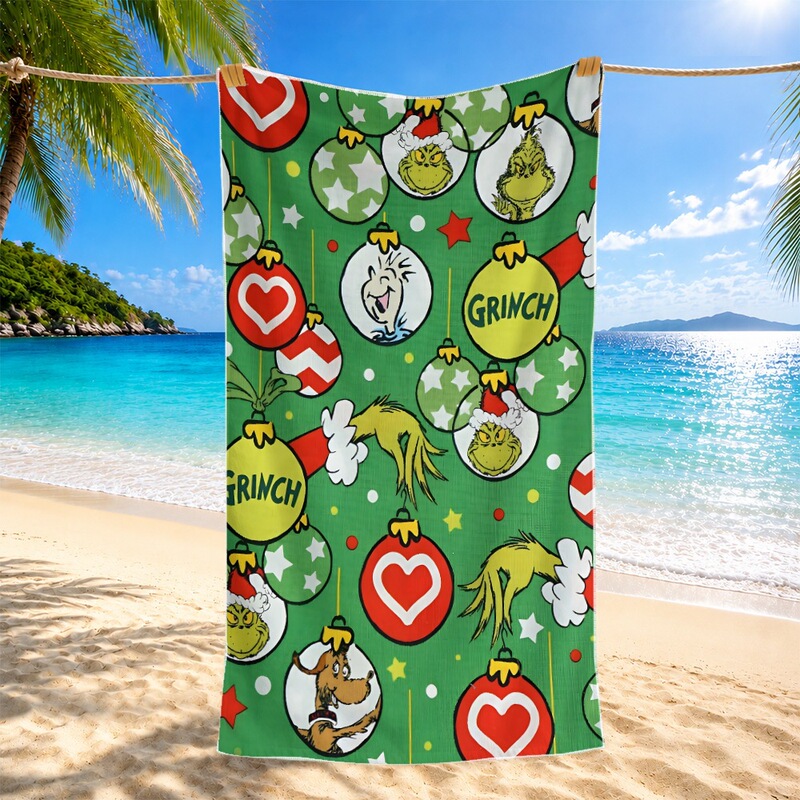 Cross-Border Green Furry Monster Grinch Beach Towel Digital Print Grinch Christmas Cartoon Bath Towel