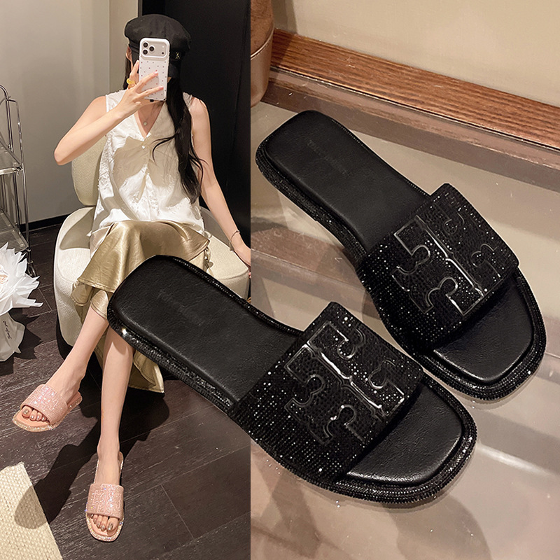 TB slippers European and American TB new rhinestone sandals for women summer cross-border flat beach sandals for outdoor wear fashionable flip-flops