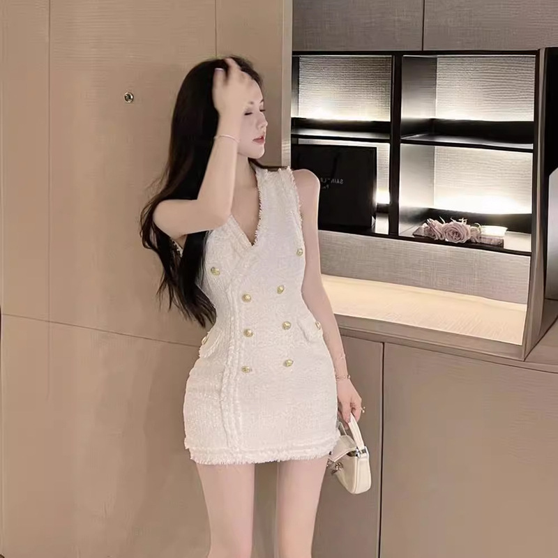 Korean Style Gentle and Fragrant Style SleeVeless Dress Summer New V Neck SleeVeless Double-breasted Slim Hip Skirt