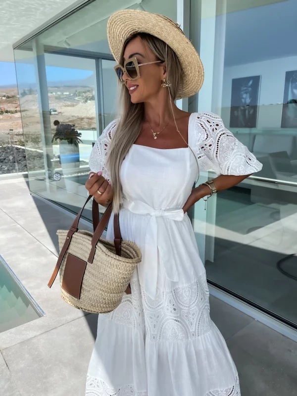 Femmes Robe Trapèze Vacances Col Carré Demi Manche Couleur Unie Maxi Longue Robe Vacances display picture 2