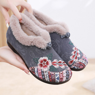 Winter New Style Cotton Shoes Women's fleece-lined Embroidered Old Beijing Cloth Shoes Soft Sole Embroidered Shoes for Mother Non-slip Warm Thick Sole Women