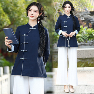 Spring 2501 New Zen Tea Clothes Top with Buckle Improved Beauty and Health Care Work Clothes for Women