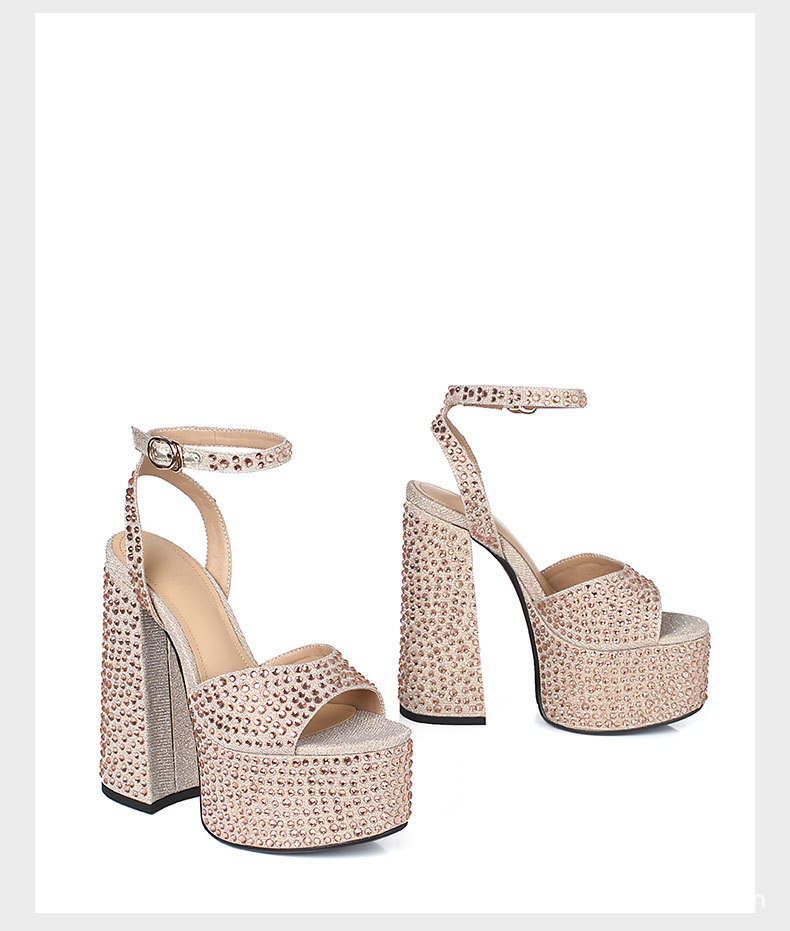 Sandal nữ siêu cao gót da thật đế dày chống trượt đính đá rhinestone gót 15 cm — Rượu sâm banh chi tiết 22