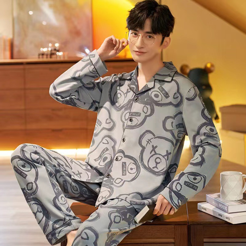 Cardigan Men's Pajamas Autum Long-Sleeved Suit Spring and Autum Large Size Can Be Worn Outside Casual Young Boys Home Clothes Lapel