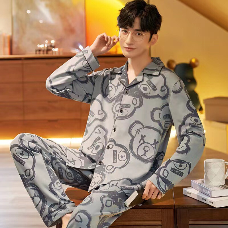 Cardigan Men's Pajamas Autum Long-Sleeved Suit Spring and Autum Large Size Can Be Worn Outside Casual Young Boys Home Clothes Lapel Cardigan Men's Pajamas Autum Long-Sleeved Suit Spring and Autum Large Size Can Be Worn Outside Casual Young Boys Home Clothes Lapel