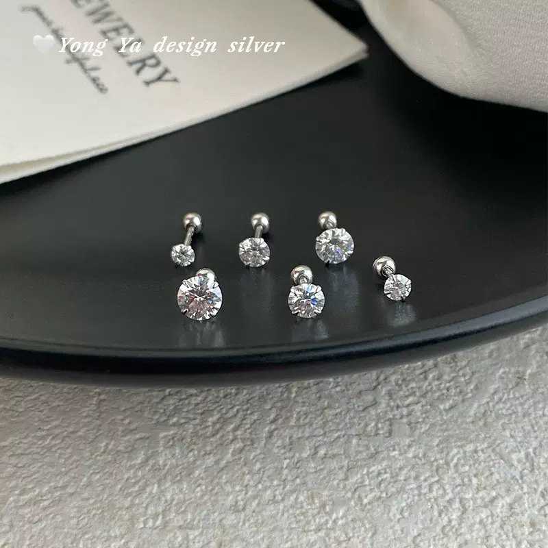S999足银多尺寸莫桑钻耳钉简约小众韩风韩版气质养耳洞耳饰代发