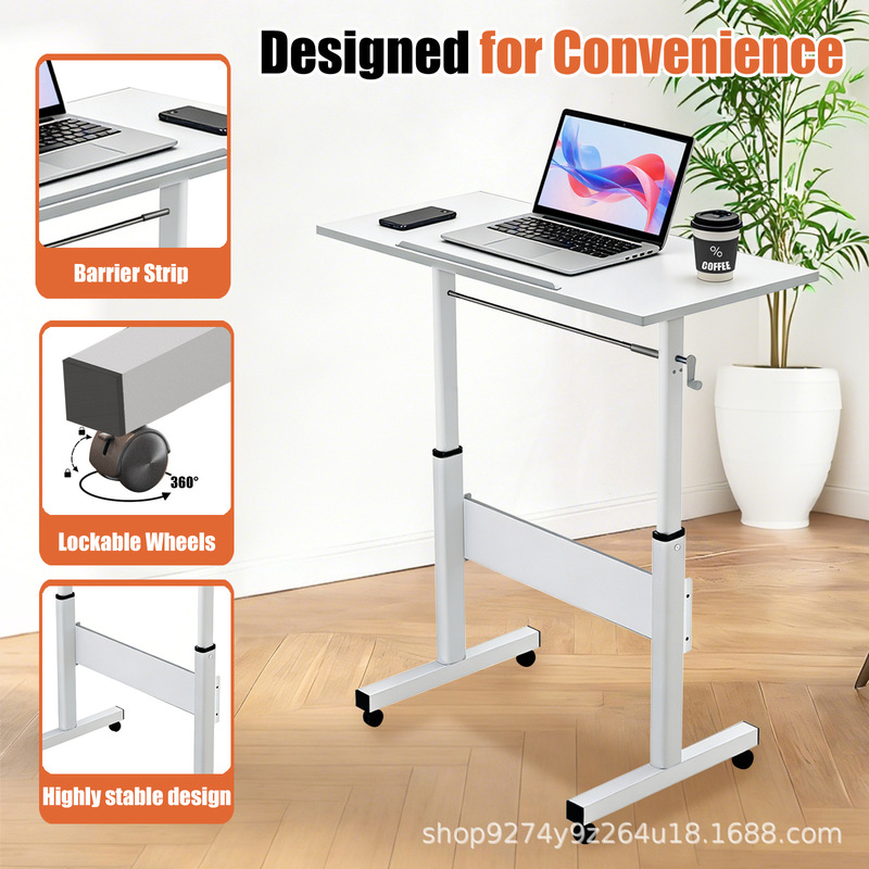 Hand-Cranked Movable Standing Desk with Adjustable Height, Wheeled Tiltable Desktop, Laptop Table