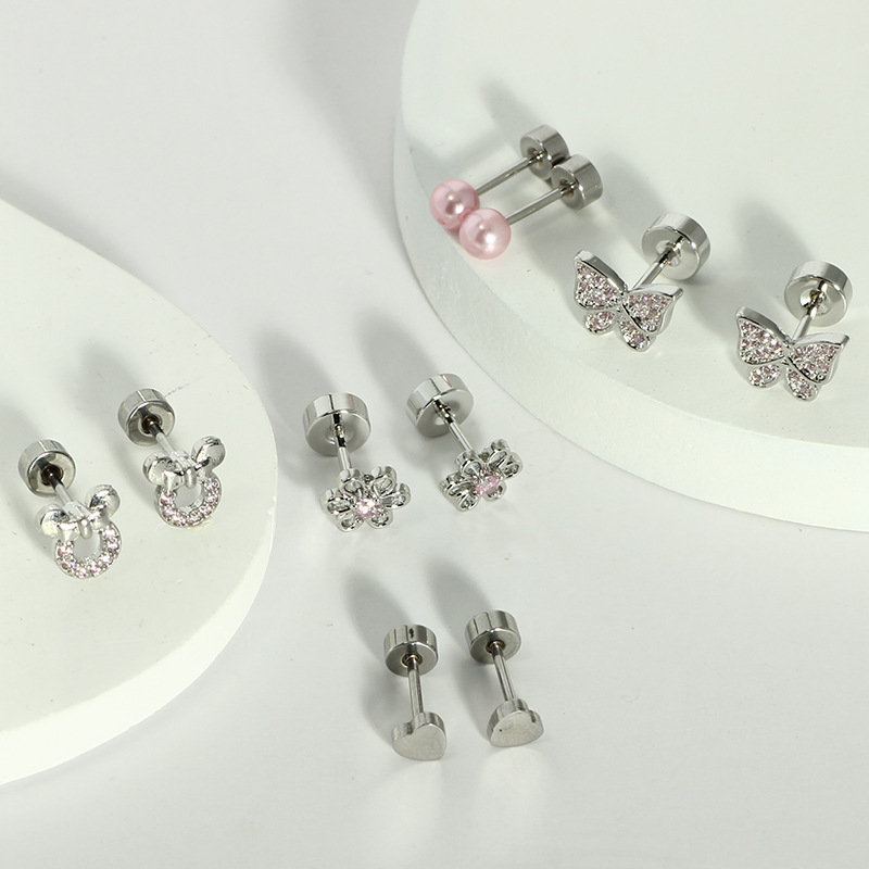 Stainless Steel Gold Electroplated Round Earrings Set with CZ, Heart Shape, Exquisite Ear Piercing Jewelry detail image 7