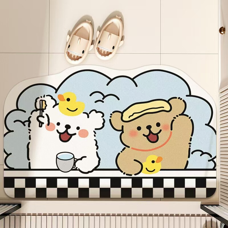 Cartoon Cute Diatomaceous Earth Floor Mat for Bathroom, Water-Absorbent, Non-Slip, Dirt-Resistant, with Lines and a Small Dog Design, Entryway Mat