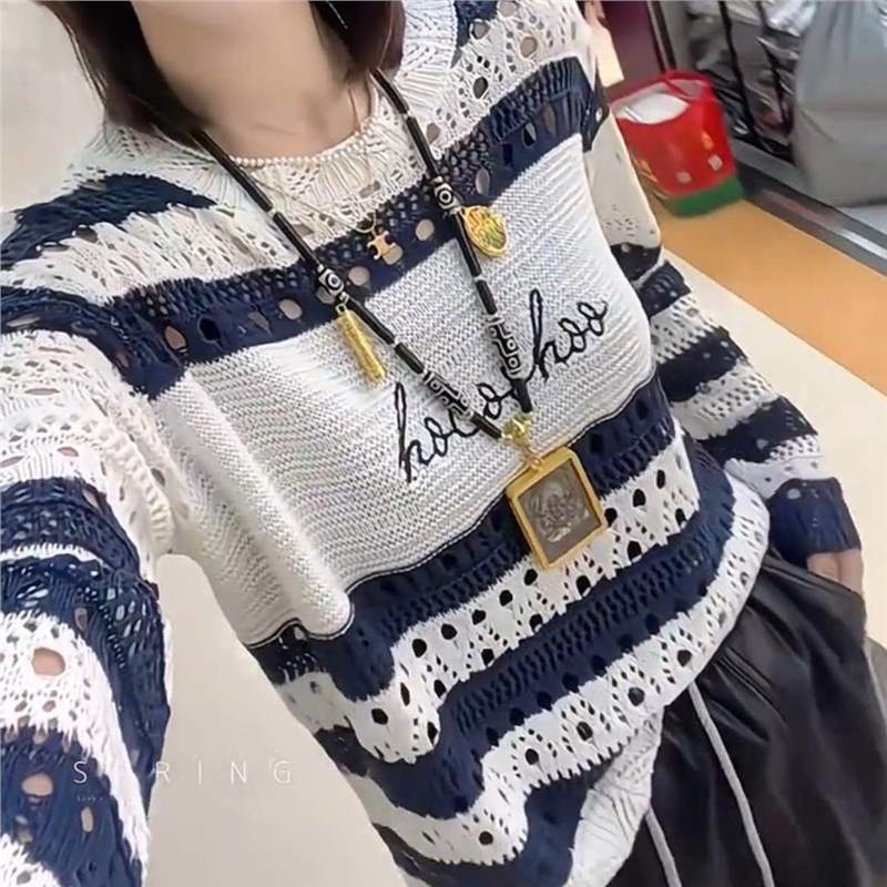 Trendy Hollow-out Lightweight Knit Cardigan, Summer Mori-style Striped Thin Sweater, Women's Casual Long-sleeve Short Top