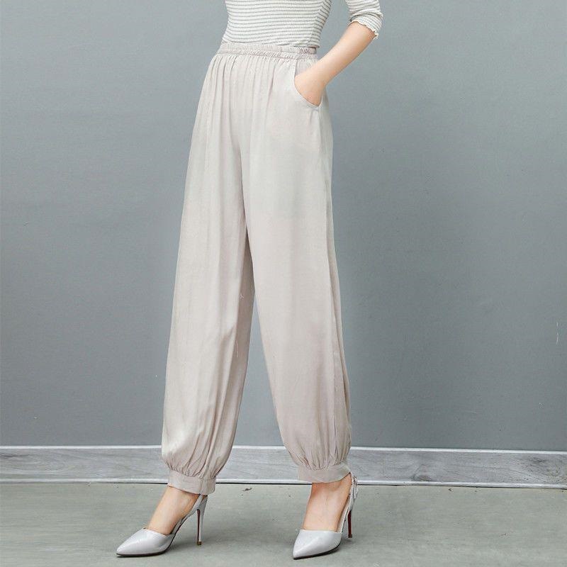 Spring middle-aged and elderly women's plus size loose cotton lantern pants casual ethnic style square dance long pants beige