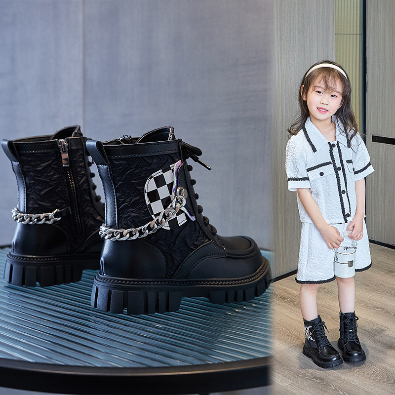 女童马丁靴2024年秋冬新款靴子书包链条皮靴儿童韩版短靴