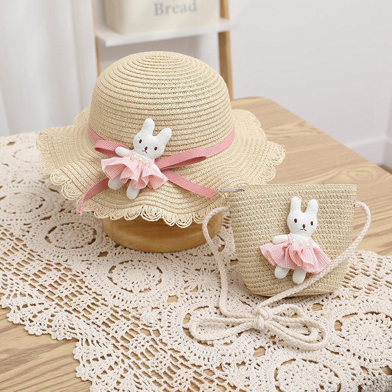 Cartoon decorative wavy edge straw hat-beige