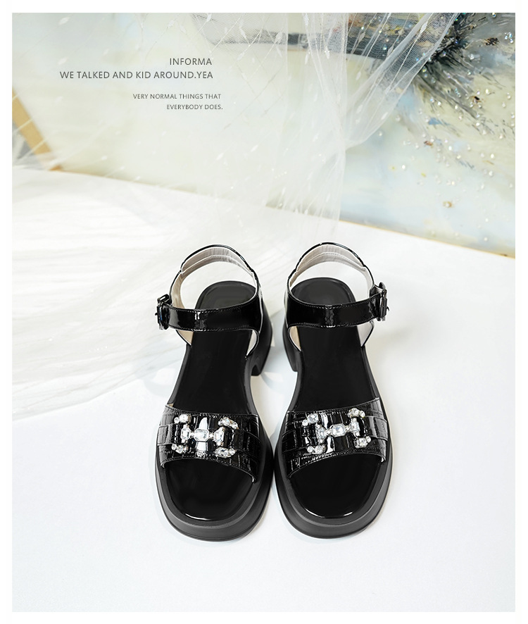 Sandal cao gót nữ da bò đế dày quai ngang đính đá — màu đen chi tiết 21
