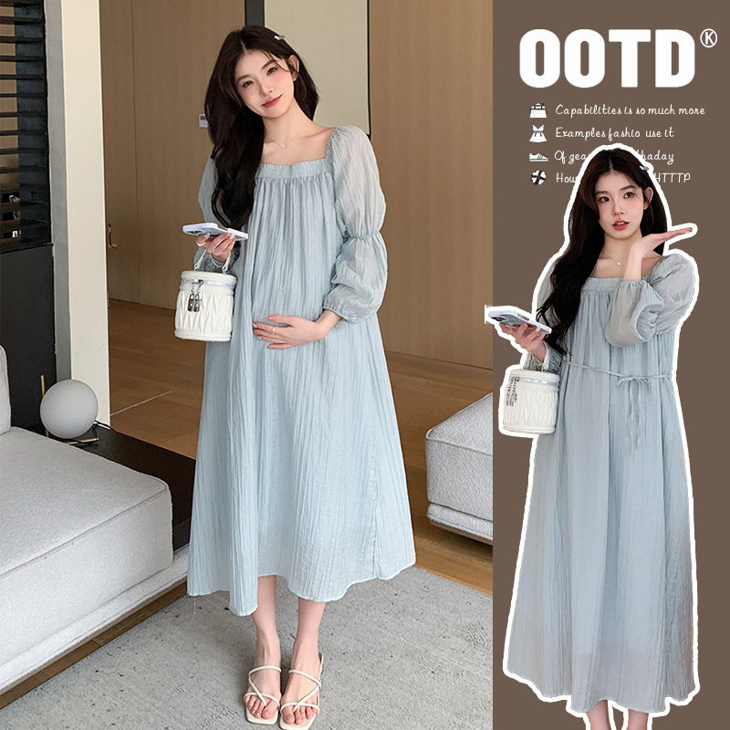 Maternity Dress Early Spring French Style Gentle Temperament Square Collar Loose Cover Pregnancy Belly Slim Dress With Belt