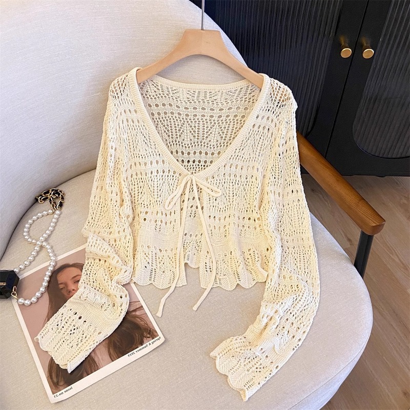 2025 summer new hollow hook knitted lace-up long sleeve sunscreen cardigan women's top all-match thin exterior