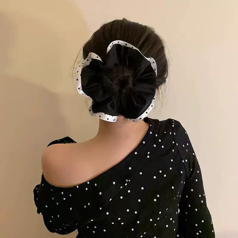韩版气质波点荷叶边大肠发圈高级感发绳扎头皮筋马尾头绳缎面头花