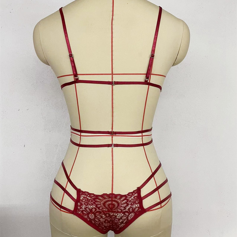 European And American Sexy Underwear Three-point Sexy Hollow Out Cross Strap Three-point Suit Lace  New Pop
