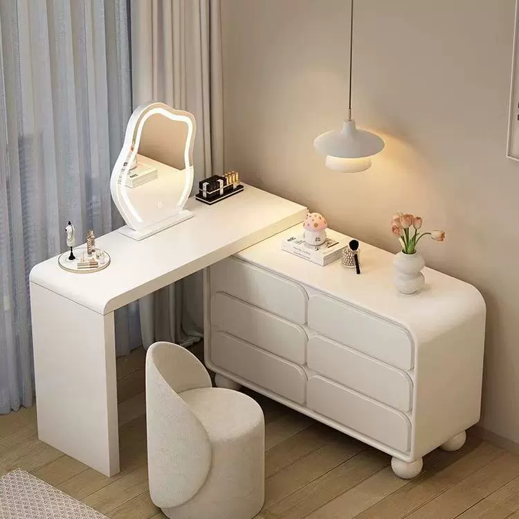 轻奢奶油风实木梳妆台斗柜一体收纳柜现代简约可伸缩转角化妆桌子
