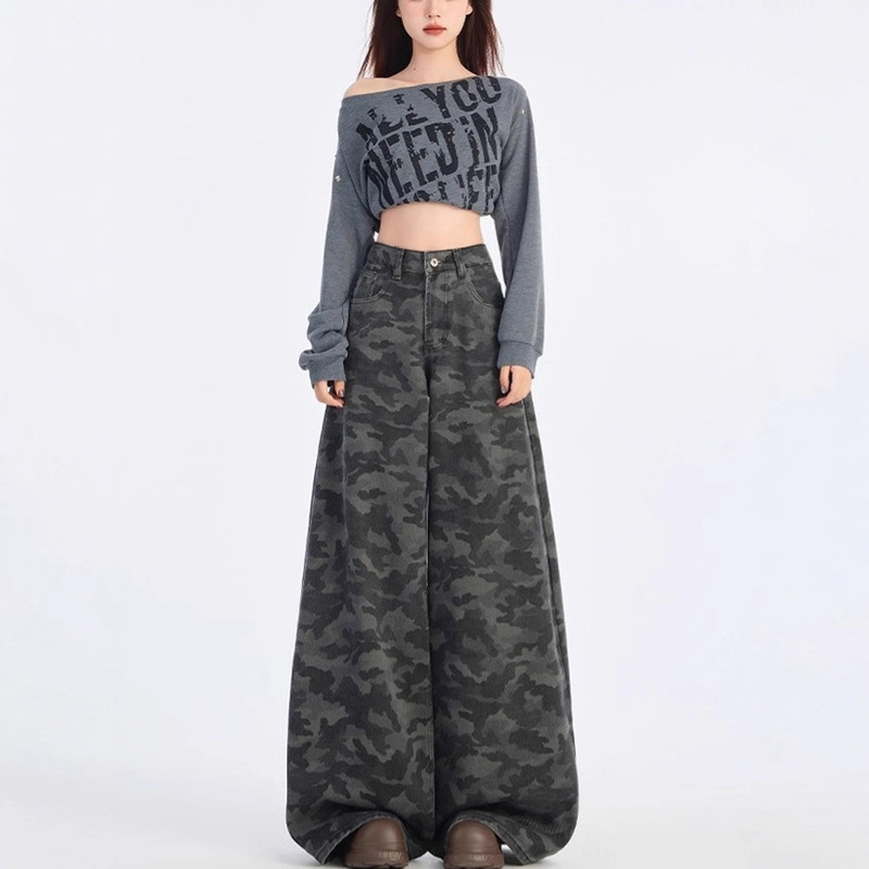 American High Street Camouflage Workwear Wide-Leg Jeans for Women 2025 Summer New Thin Loose Camouflage Pants