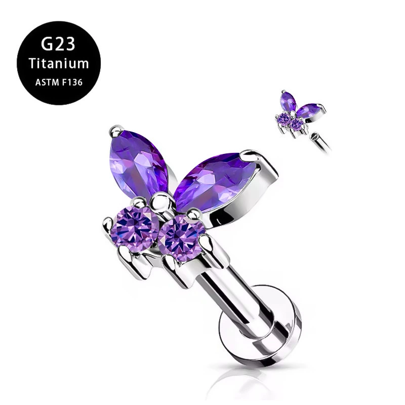 Пирсинг губ Labret, титан G23, бабочка с кристаллом, 1,0×6–12 мм, множественные цвета