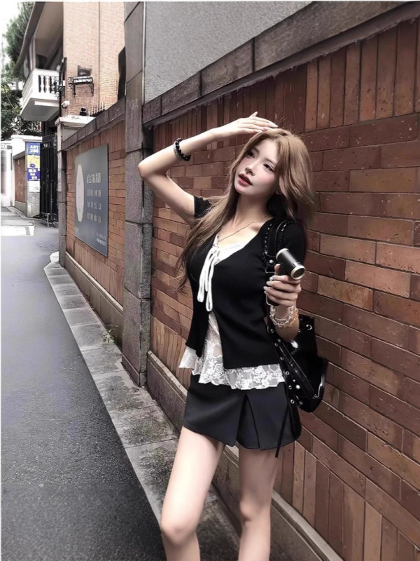 夏季修身显瘦上衣韩系纯欲风蕾丝拼接假两件ins大码女装短袖T恤潮|undefined