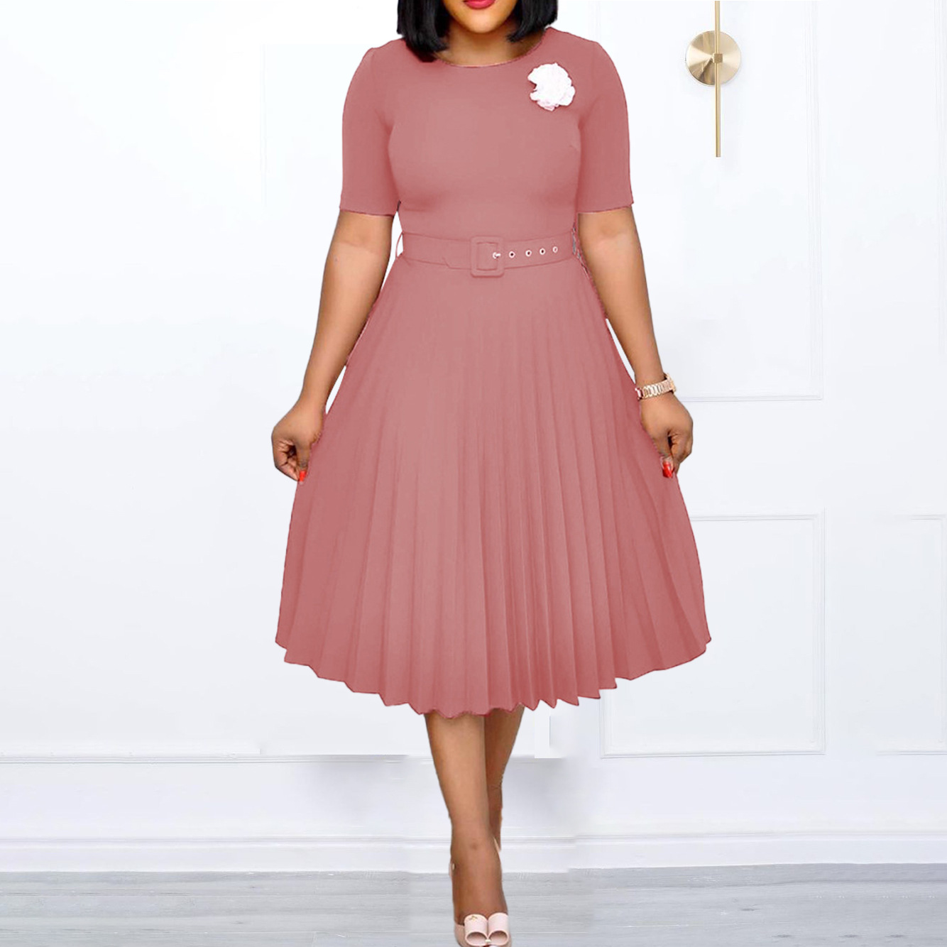 Ropa de mujer europea y americana con cinturón nuevo verano Amazon cuello redondo falda plisada de longitud media más tamaño vestido transfronterizo africano image 6