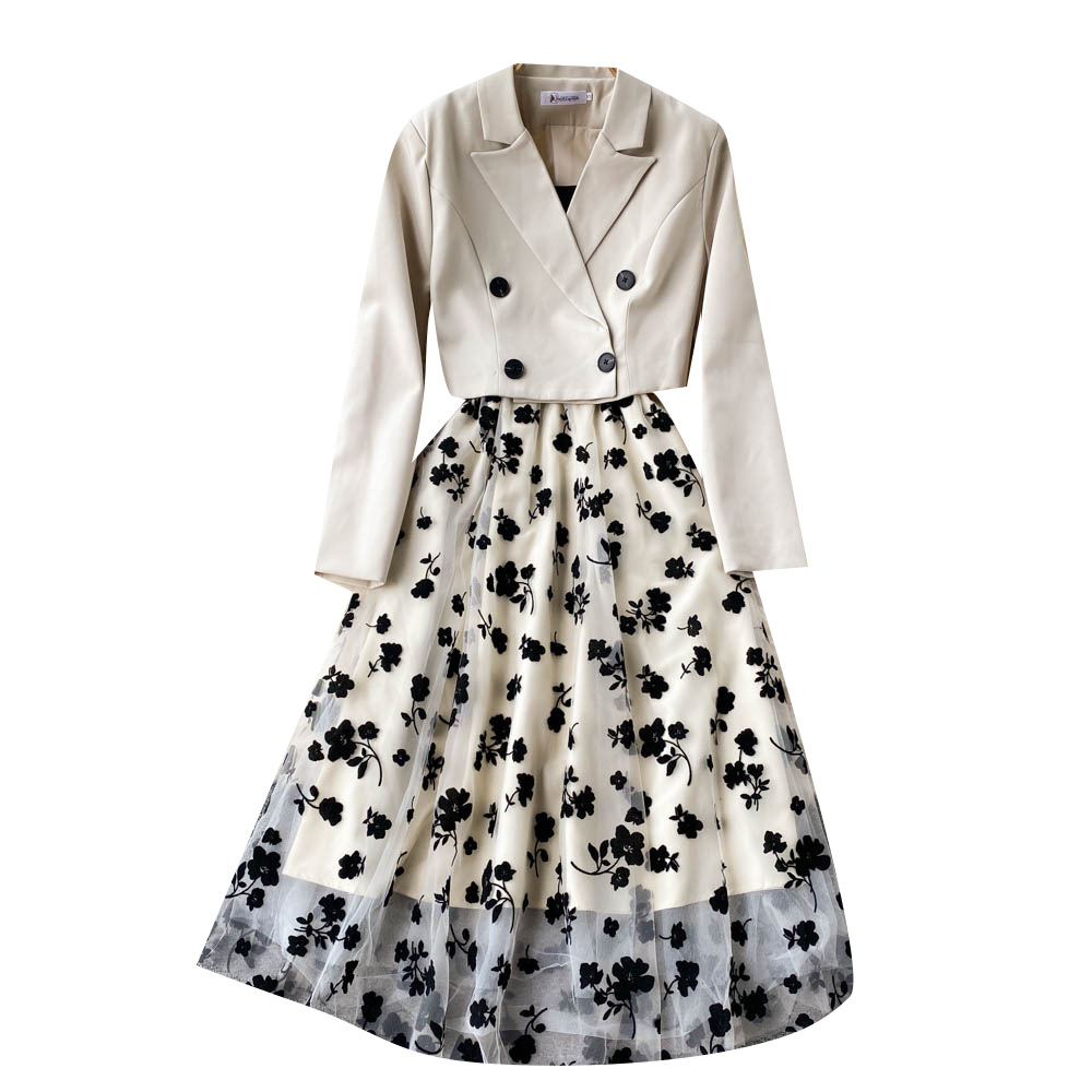 Women's Clothing French style short double breasted suit jacket for women high end flocking mesh suspender dress stylish two piece suit_voghion.com