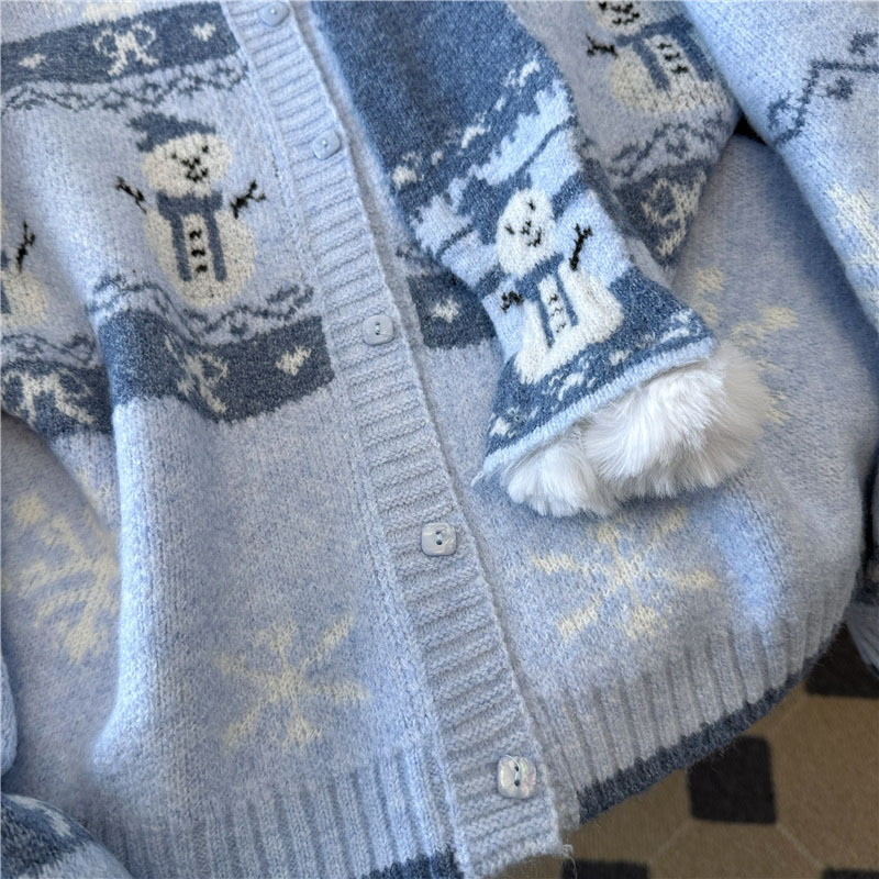 费尔岛雪人蓝色开衫毛衣女款2025年新款秋冬季加厚慵懒风针织外套|undefined