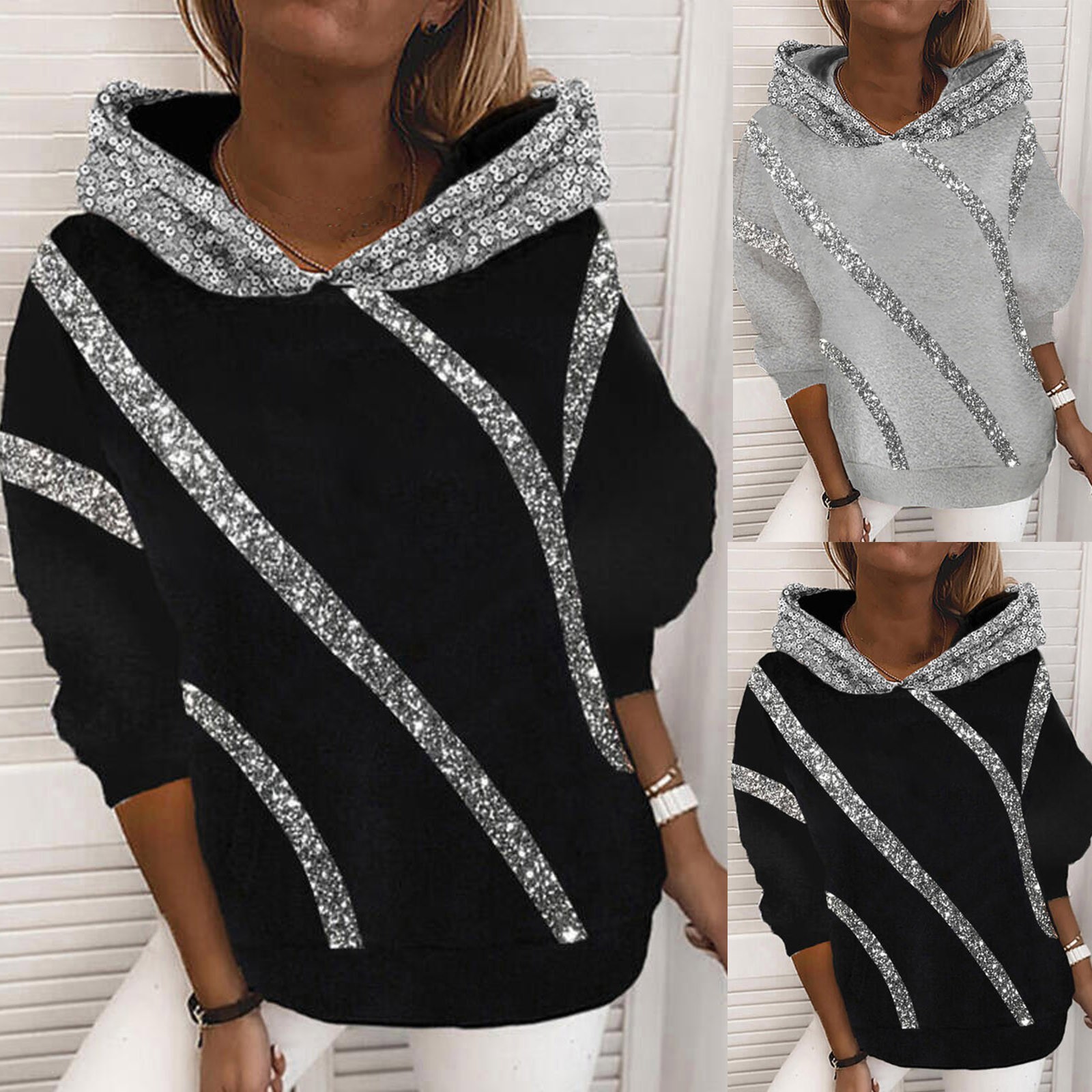 sequin Printed Loose Hooded Sweater NSYF68088