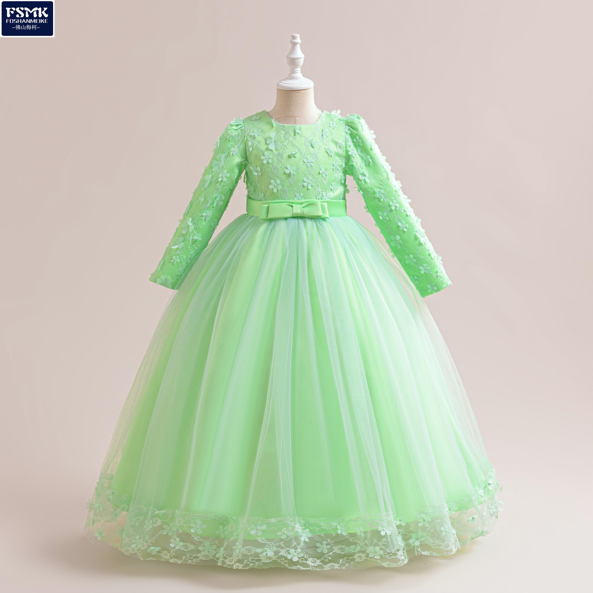 Nuevos vestidos para niños europeos y americanos, vestidos de princesa, vestidos de novia de flores de manga larga para niños grandes, faldas largas de tutú de malla