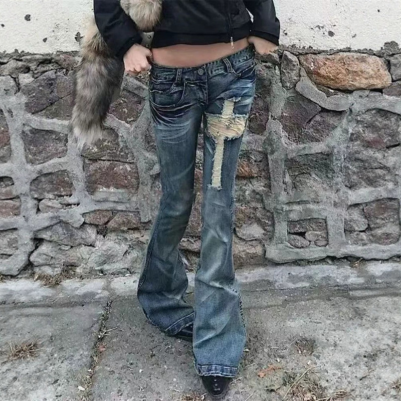 High-Waisted American-Style Spicy Girl Jeans for Tall Women, Spring Season Ripped Flared Floor-Length Pants