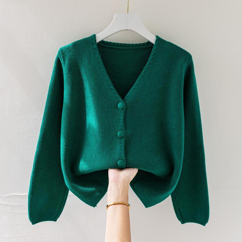 【 Cashmere Family 】 Strickjacke aus Wolle mit V-Ausschnitt, lockerer Damen-Strickpullover in Übergröße, kurzer Stil für den Herbst_voghion.com