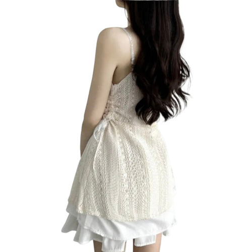 Autumn/Winter French-style fashionable, breezy drawstring tie-waist lace camisole for women, layered with chiffon skirt as base layer dress
