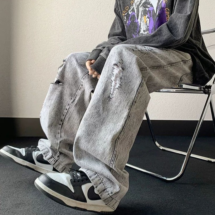 Oldschool pantalones americanos hombres Pu guapo de alto grado deshilachado lavado jeans rasgados marca de moda ins hombres de la calle