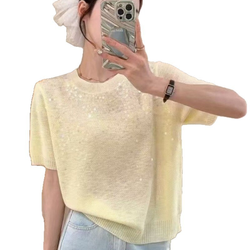 Elegant and Sophisticated French-Style Sequined Short-Sleeve Knit Sweater for Women, High-End, Stylish, Fashionable, Versatile, Chanel-Inspired Elegant and Sophisticated French-Style Sequined Short-Sleeve Knit Sweater for Women, High-End, Stylish, Fashionable, Versatile, Chanel-Inspired