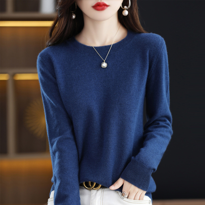 Otoño e Invierno 100% suéter de lana pura de las mujeres de cuello redondo Jersey corto de lana de manga larga suéter recto suéter a juego ropa exterior
