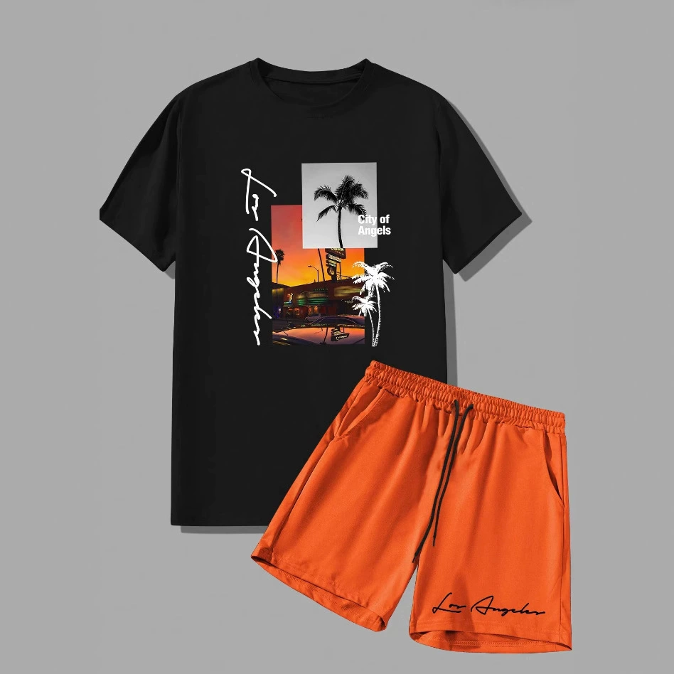 Мужская одежда через границу, модная брендовая футболка европейского и американского бренда, повседневные свободные шорты с 3D-принтом кокосовой пальмы и короткими рукавами, костюм с короткими рукавами