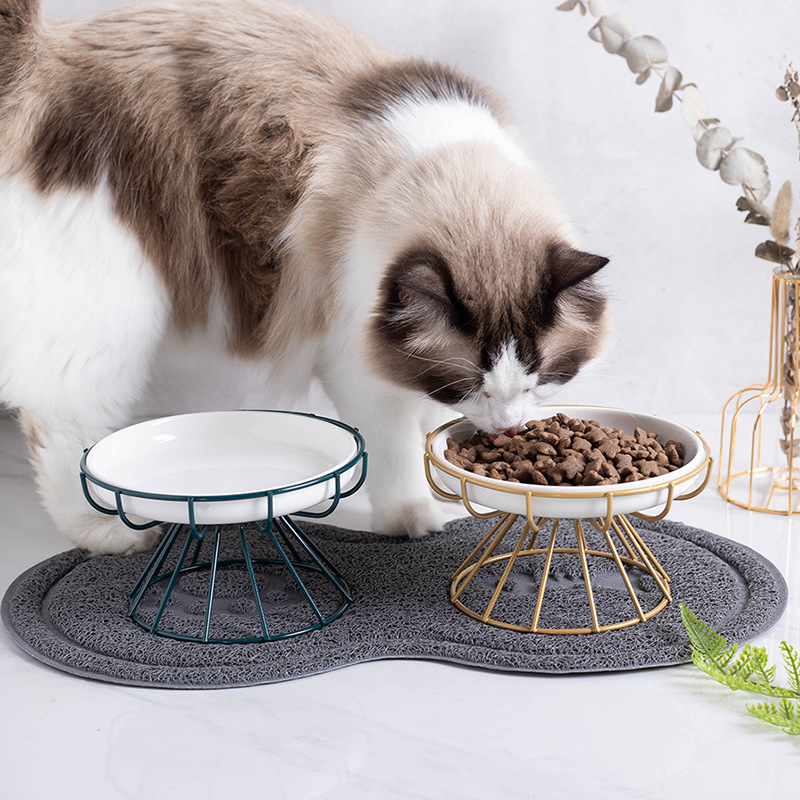 Tazón de cerámica para gatos, cuello de protección de pies altos, tazón de comida para gatos, anti-inclinación, tazón de comida para mascotas, gran calibre no negro, fabricantes de bocadillos de mentón