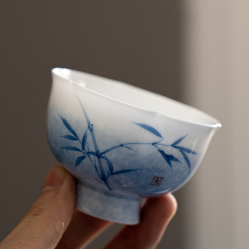 Hand-painted blue bamboo lace tall master cup household tea cup single cup ceramic Kung Fu tea set single tea cup