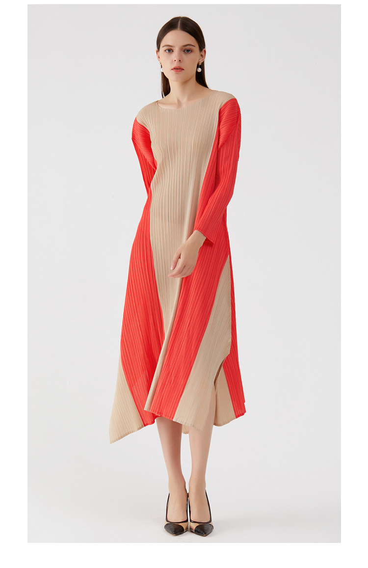 Slit Asymmetrical Colorblock Long Sleeve O-Neck Loose Midi Dress