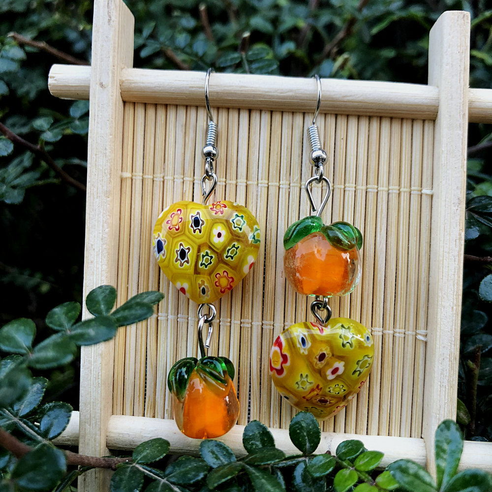 15g Weight Alloy Ear Needle Material Drop Earrings Classification 1 Pair Quantity Daily Occasion Glass, Metal Material Persimmon, Heart Shape, Flower Pattern All Seasons Season Women's Gender Polished Finish Asymmetrical Design Cute Style 1 Pair Cute Persimmon Heart Shape Flower Asymmetrical Glass Metal Drop Earrings 11