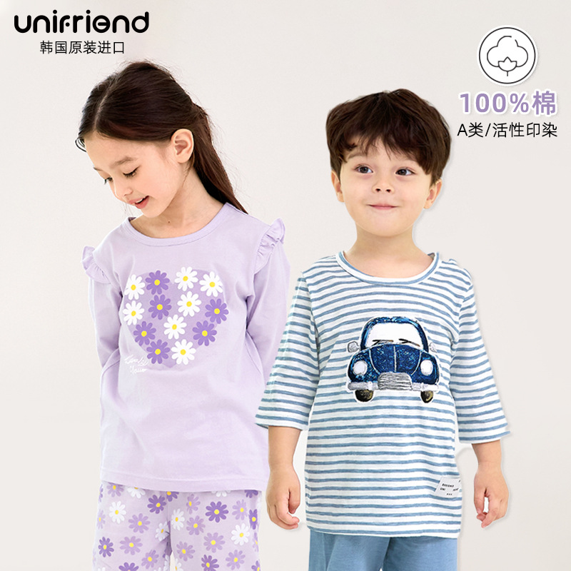 unifriend2024韩版儿童家居服7分套装宝宝空调房睡衣卡通棉套装
